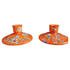 Antique Bohemian Hand Painted Pottery Boho Candle Holder Pair