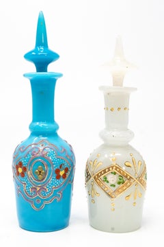 Pair of Antique Bohemian Turquoise and White Opaline Glass Scent Bottles with En