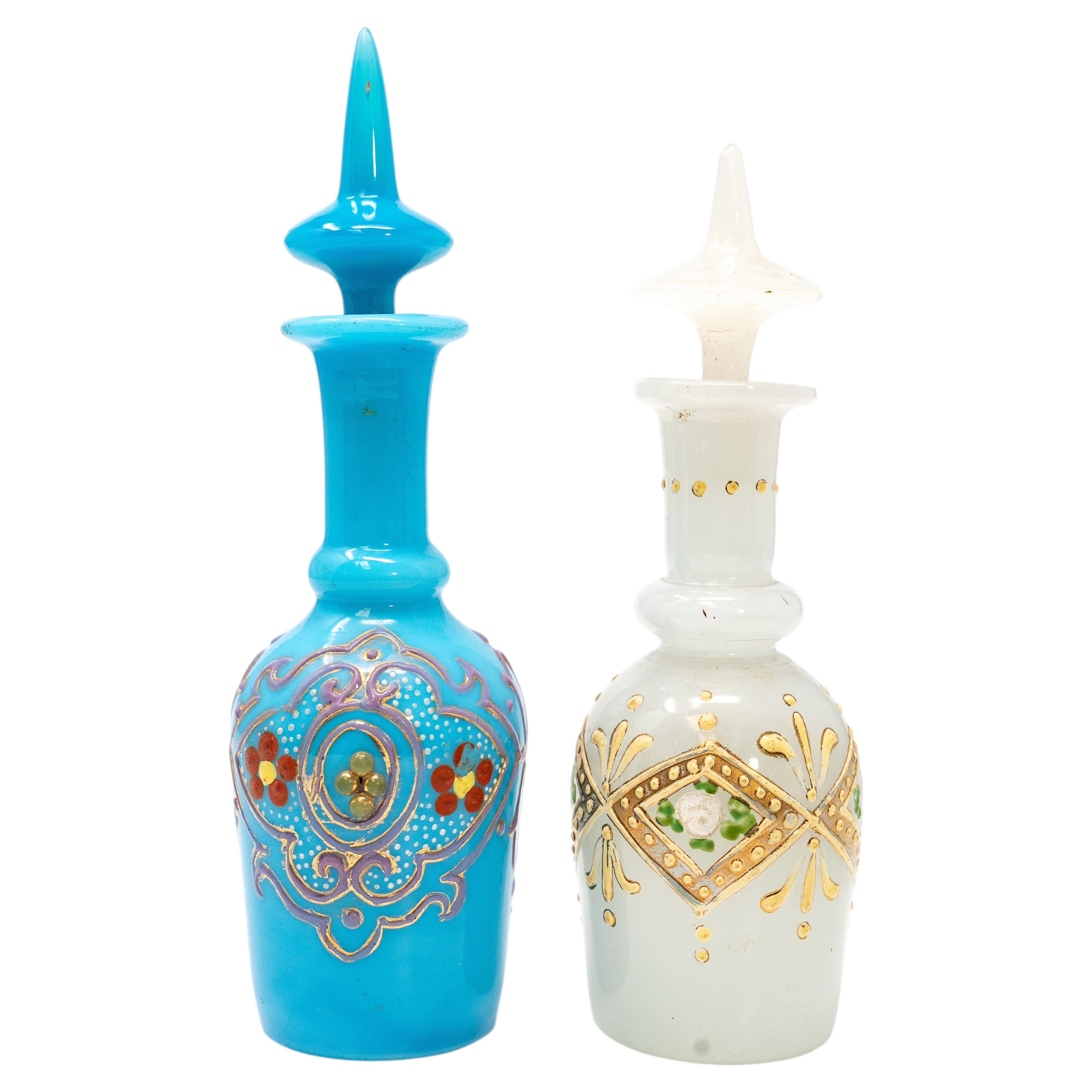Pair of Antique Bohemian Turquoise and White Opaline Glass Scent Bottles with En