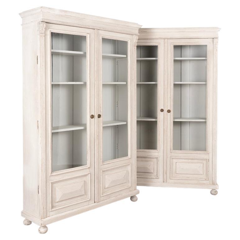 Pair of Antique Bookcases Display Cabinets Painted Light Gray For Sale