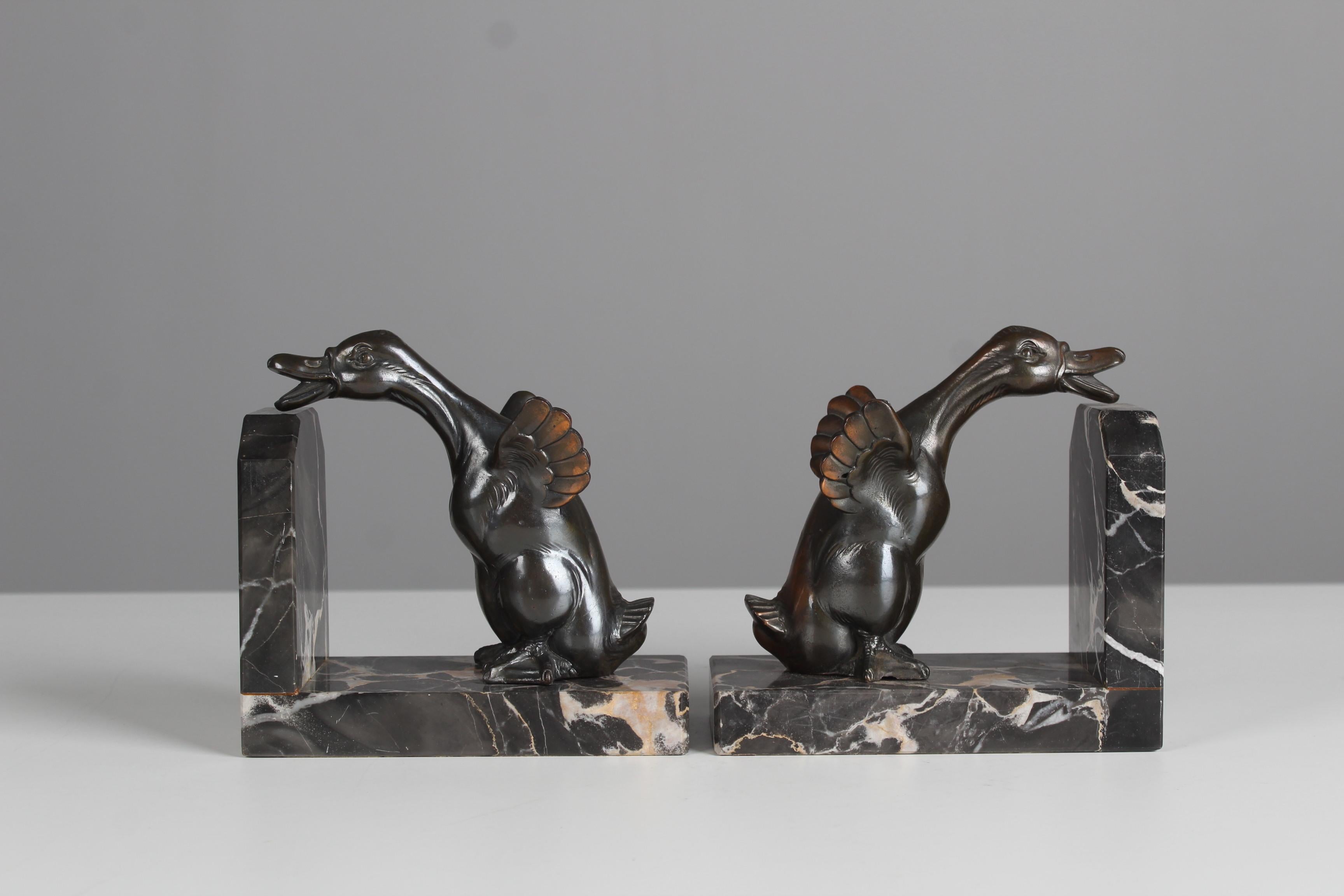 Pair Of Antique Bookends, Marble With Goose Sculptures, France, Art Deco For Sale 6