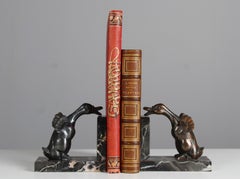 Pair Of Antique Bookends, Marble With Goose Sculptures, France, Art Deco