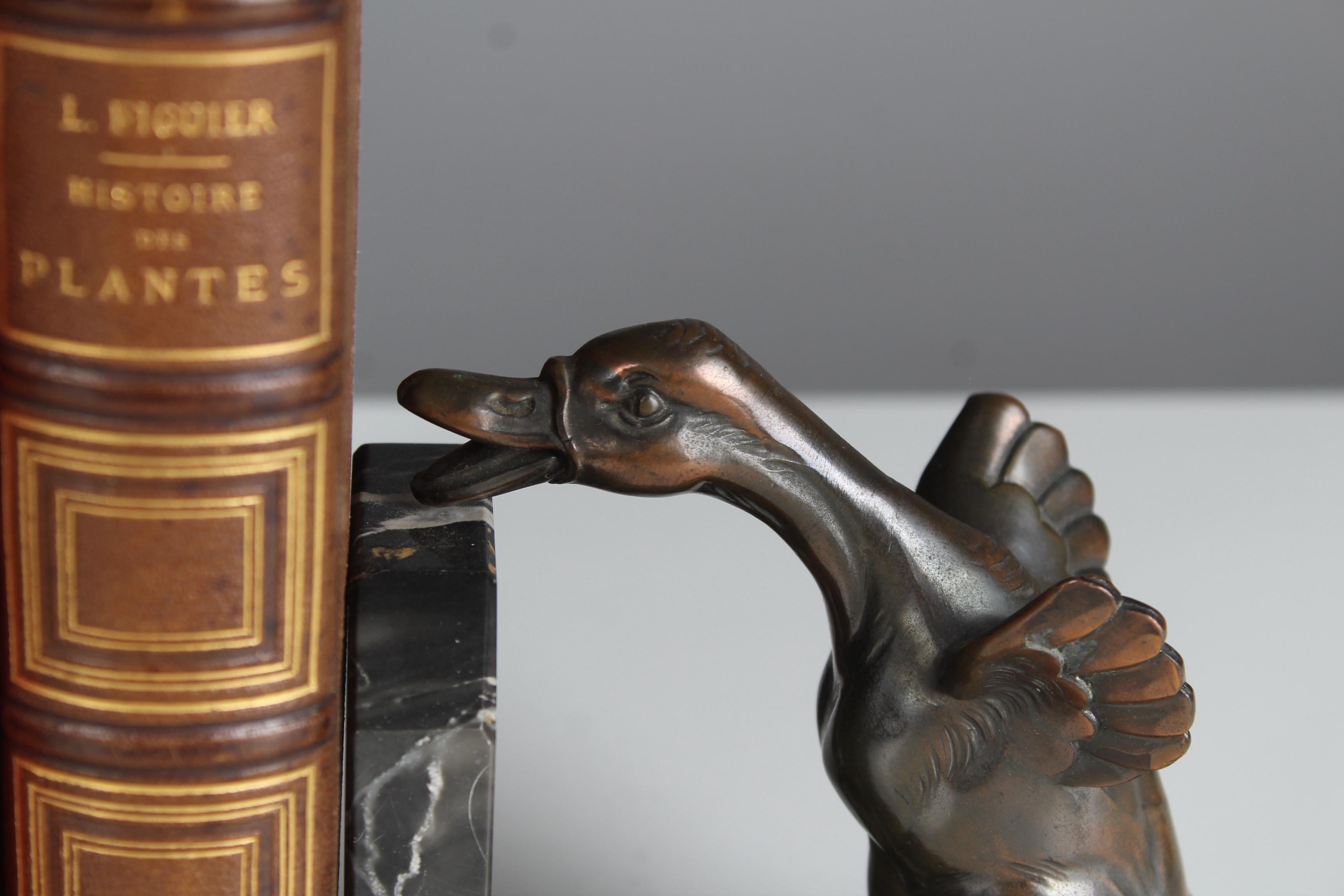 Pair Of Antique Bookends, Marble With Goose Sculptures, France, Art Deco For Sale 2