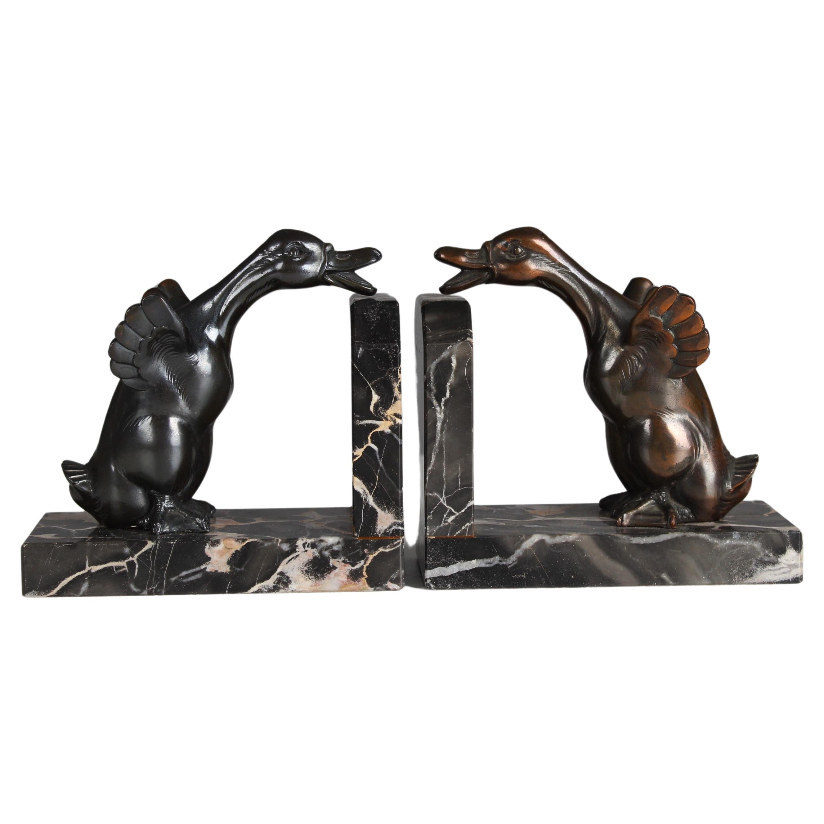 Pair Of Antique Bookends, Marble With Goose Sculptures, France, Art Deco For Sale