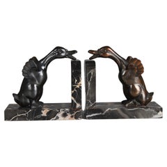 Pair Of Antique Bookends, Marble With Goose Sculptures, France, Art Deco
