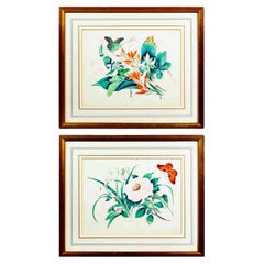 Pair of Antique Botanical Pictures of Exotic Flowers and Butterflies