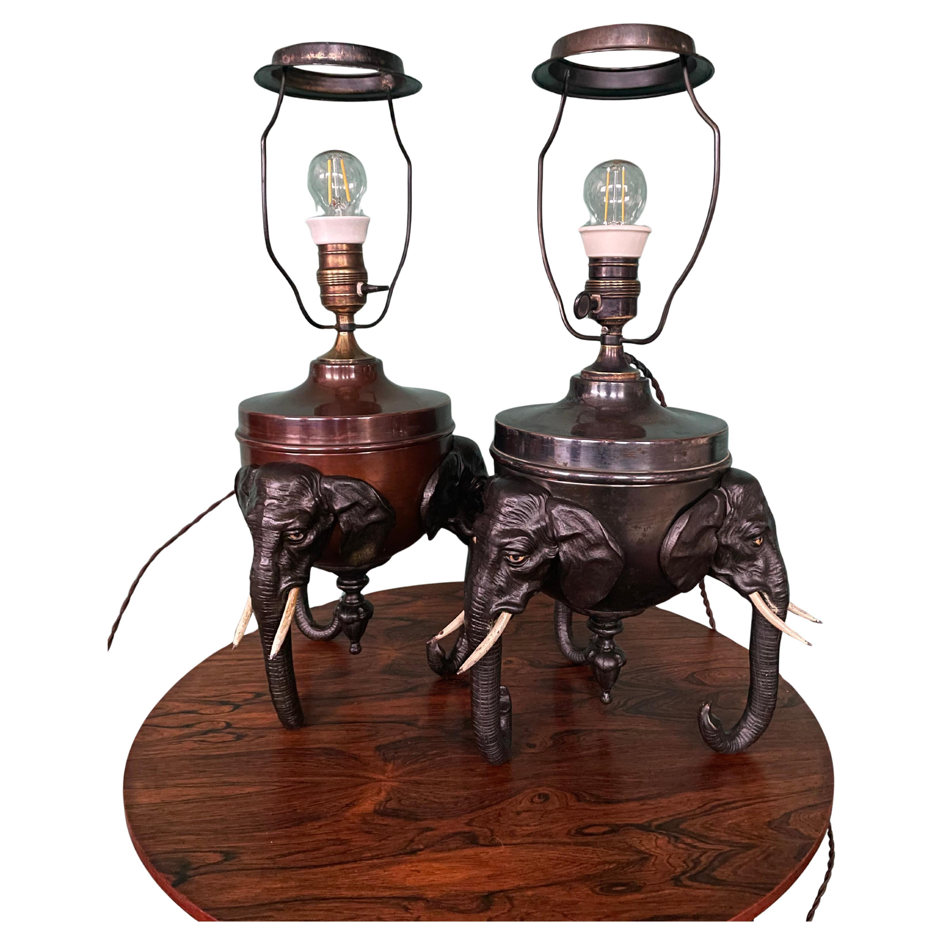 Pair of Antique Brass and Cast Iron Elephant Lamps By Voss Of Denmark For Sale