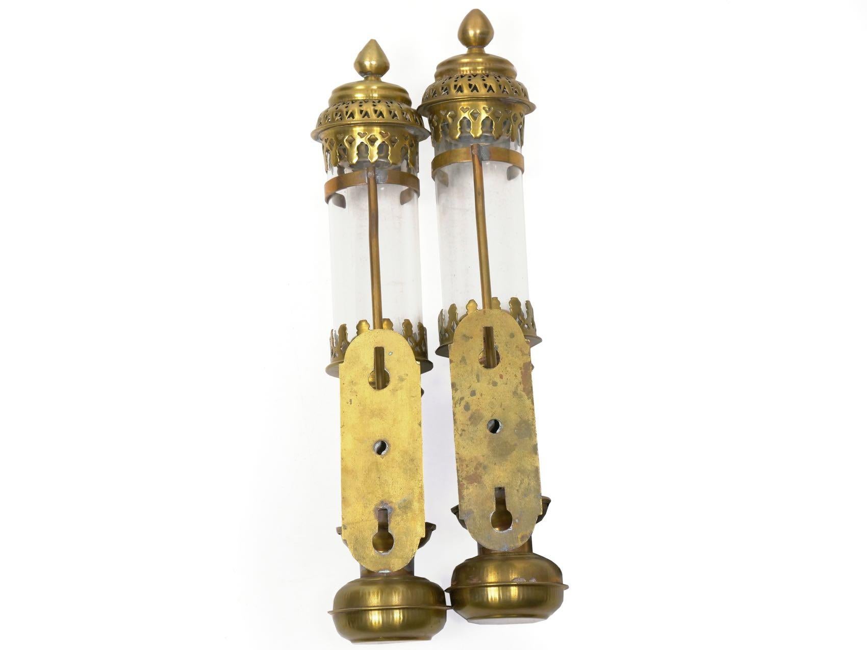 Pair of Antique Brass and Glass Railway Carriage Candle Light Lamps 3