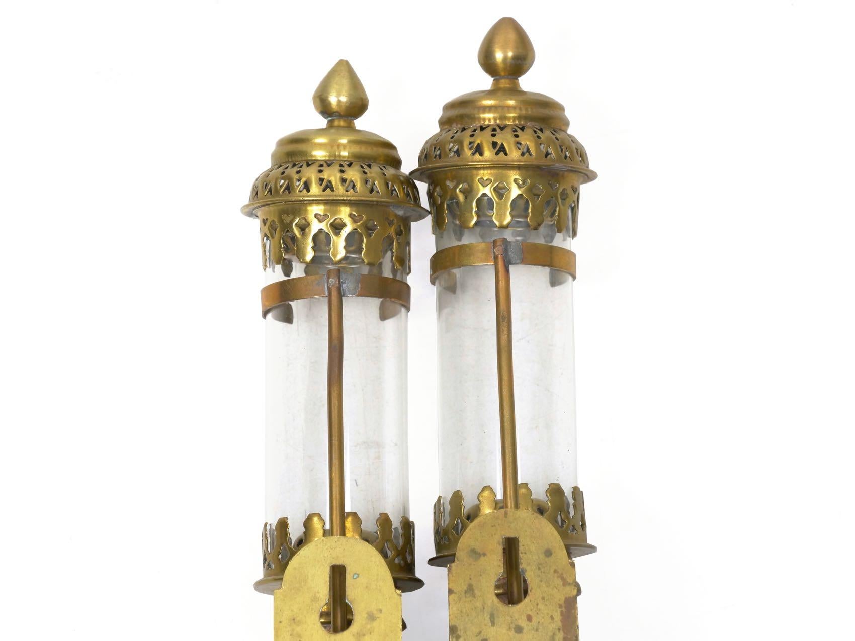 Pair of Antique Brass and Glass Railway Carriage Candle Light Lamps 4