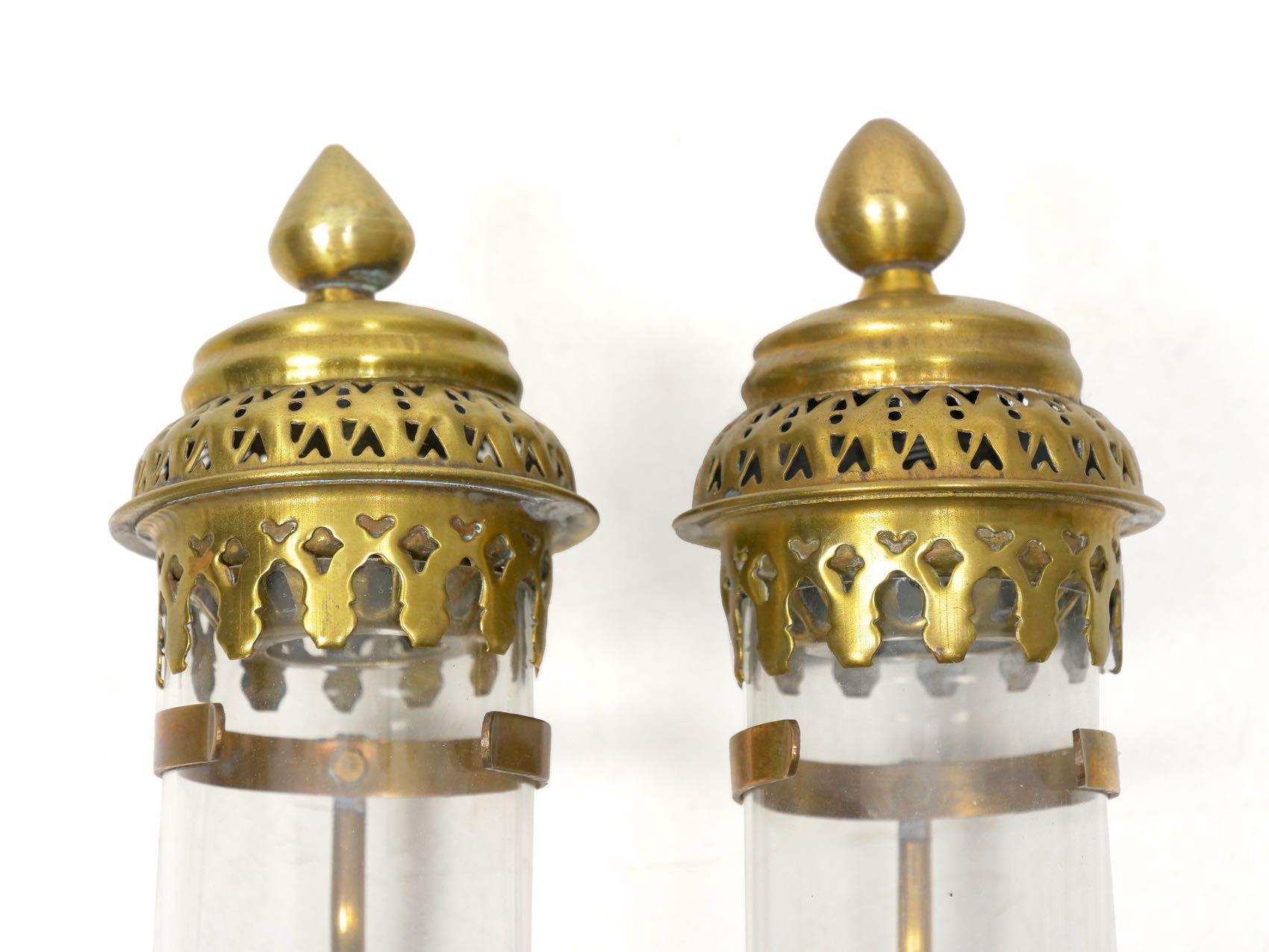 Pair of Antique Brass and Glass Railway Carriage Candle Light Lamps 8