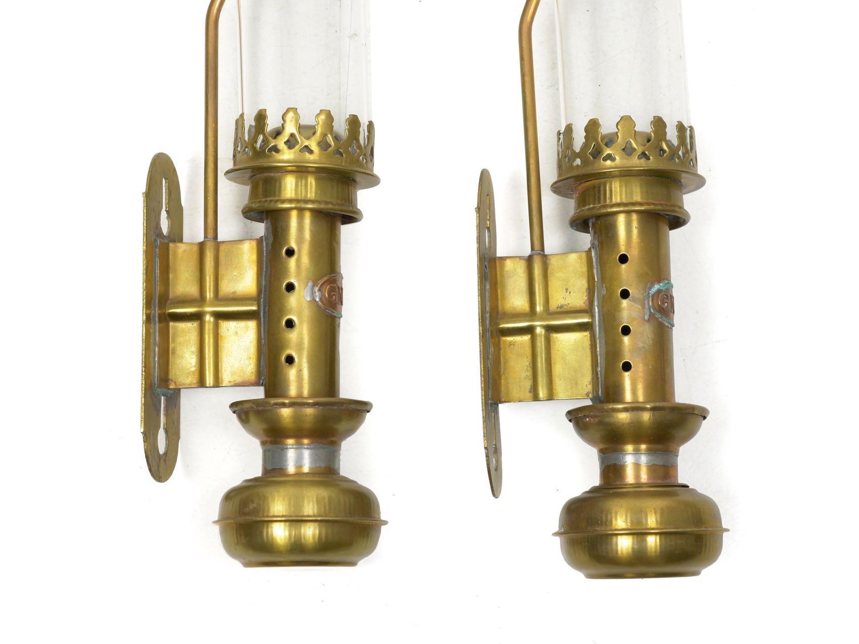 20th Century Pair of Antique Brass and Glass Railway Carriage Candle Light Lamps