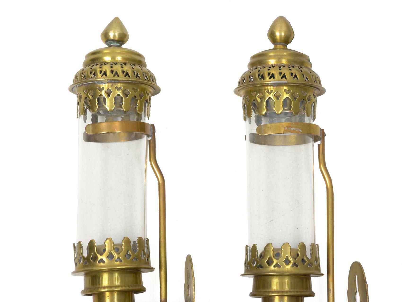 Pair of Antique Brass and Glass Railway Carriage Candle Light Lamps 1