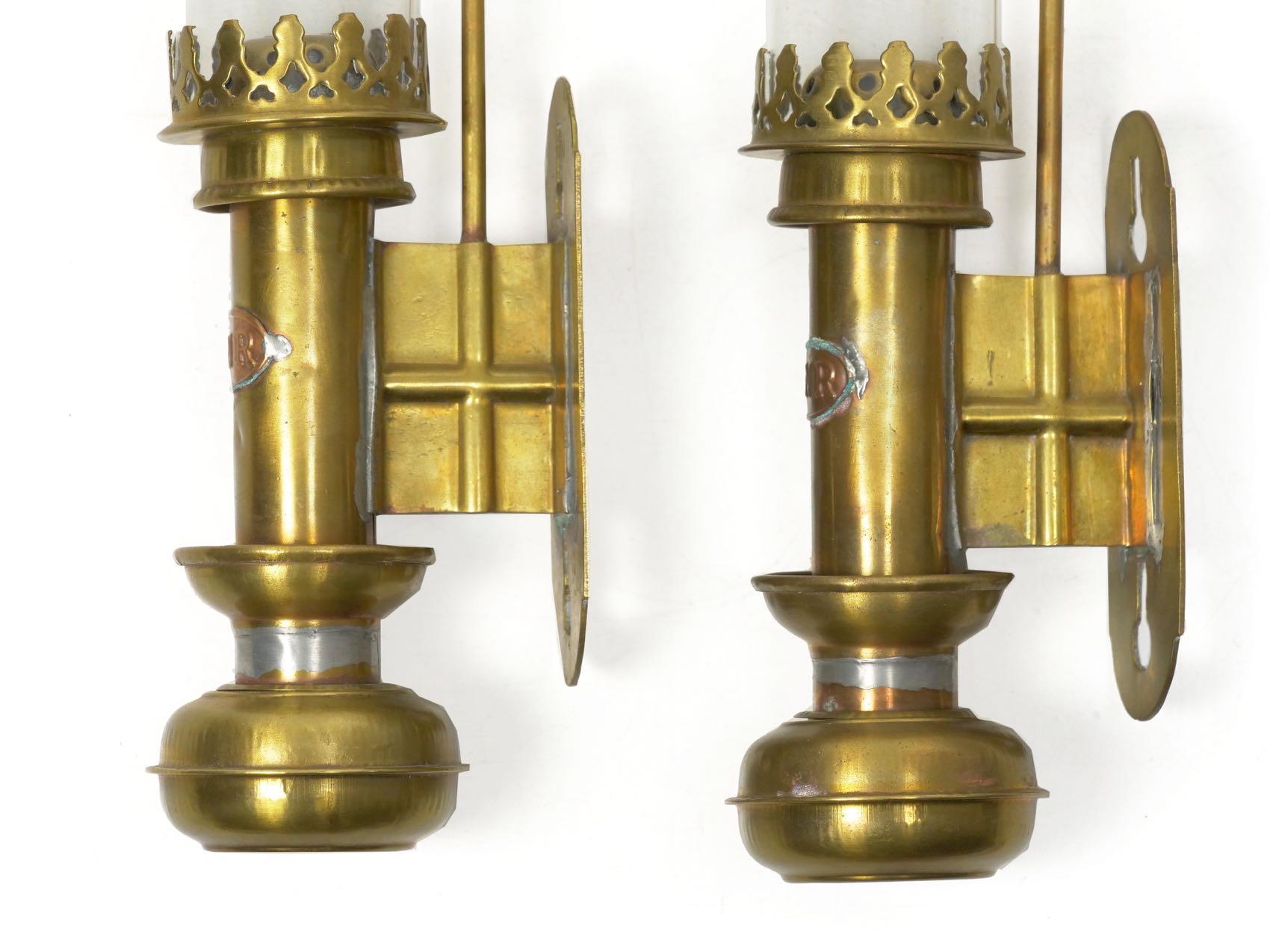 Pair of Antique Brass and Glass Railway Carriage Candle Light Lamps 2