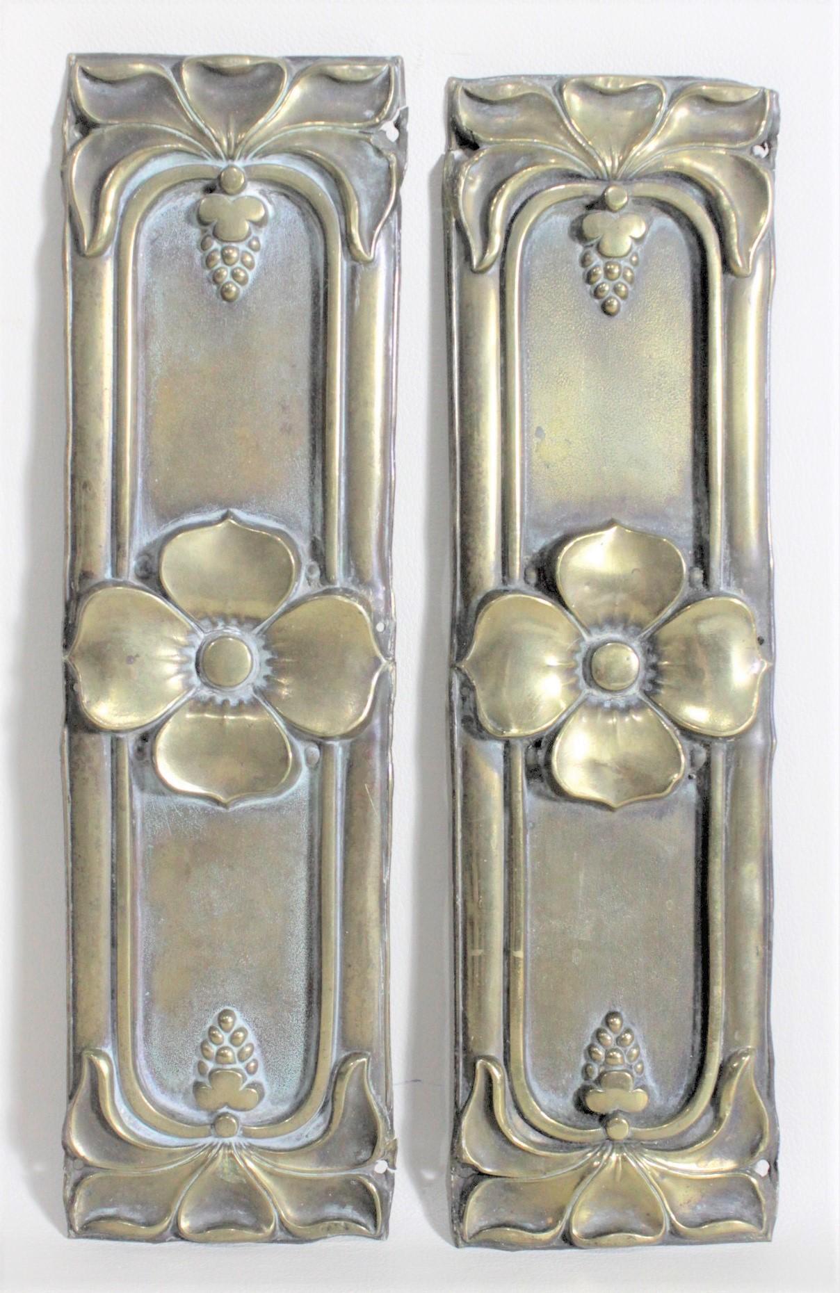 20th Century Pair of Antique Brass Art Nouveau Door Push Plates with Fruit and Floral Accents