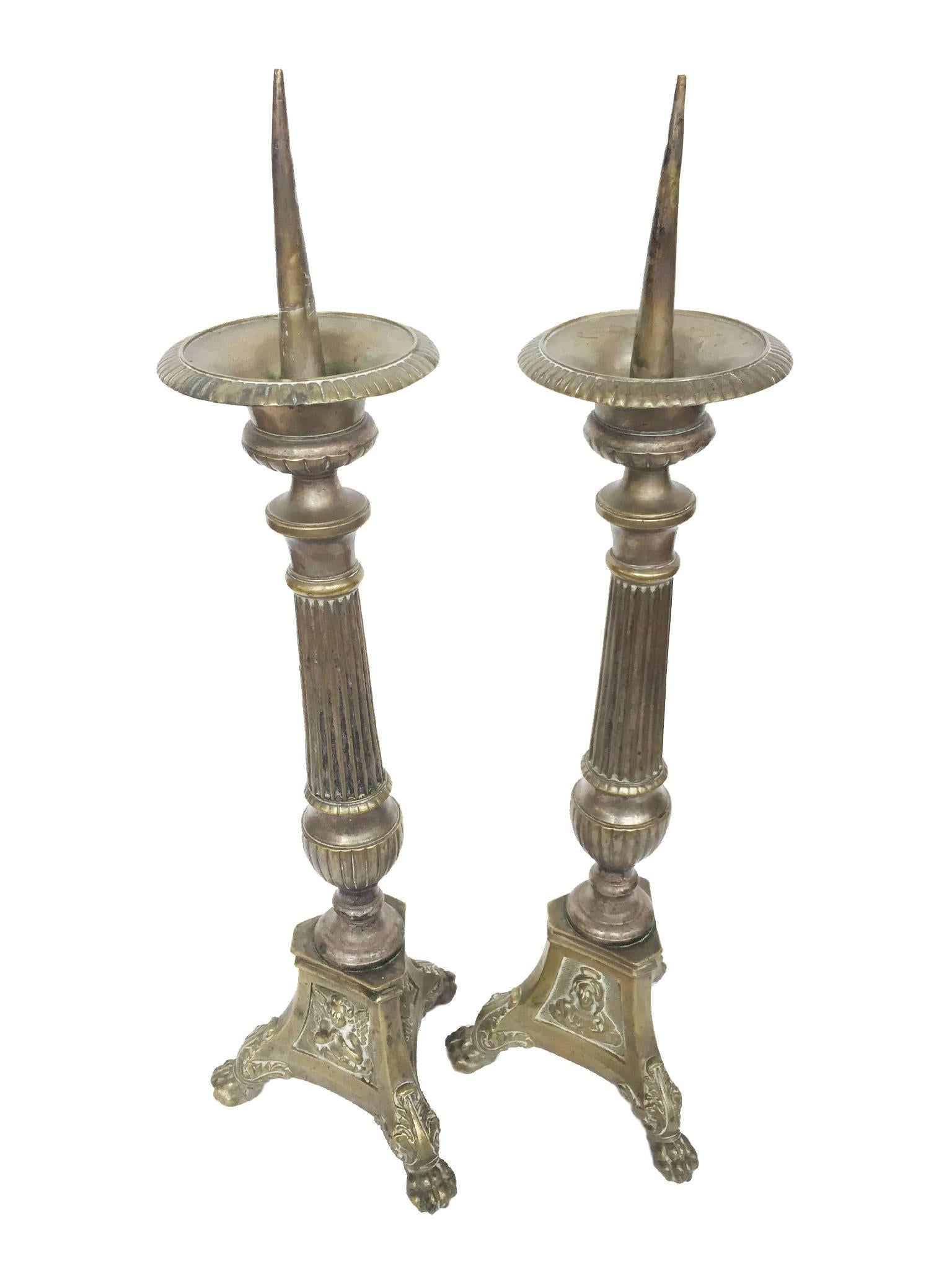 Molded Pair of Antique Brass Candleholders