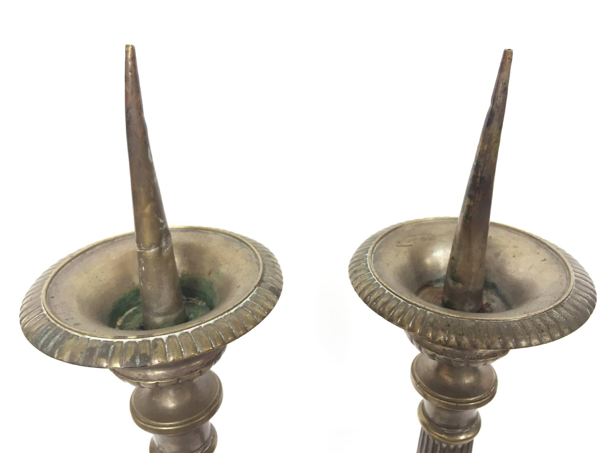 Pair of Antique Brass Candleholders In Good Condition In New York, NY