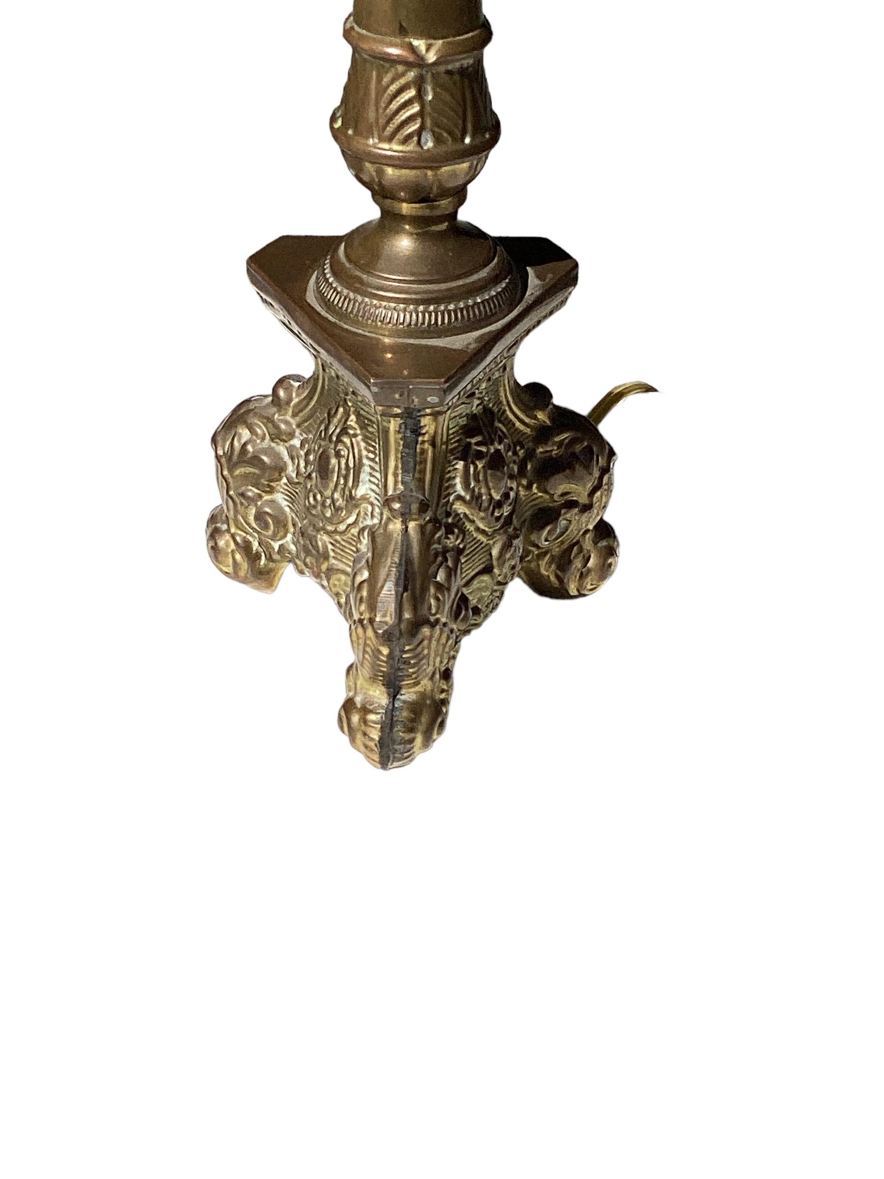 Baroque Pair of Antique Brass Candlestick Lamps  For Sale