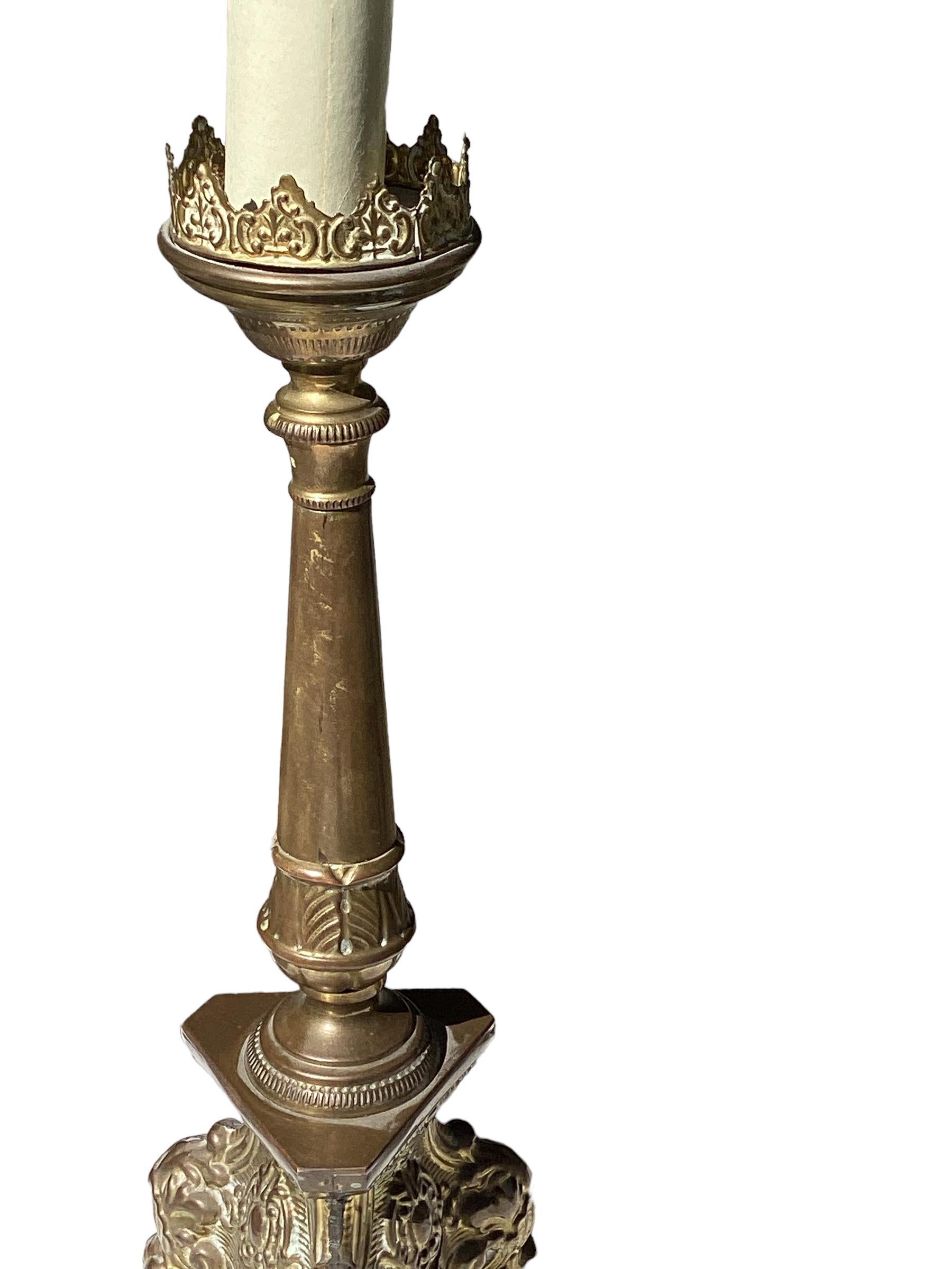 French Pair of Antique Brass Candlestick Lamps  For Sale