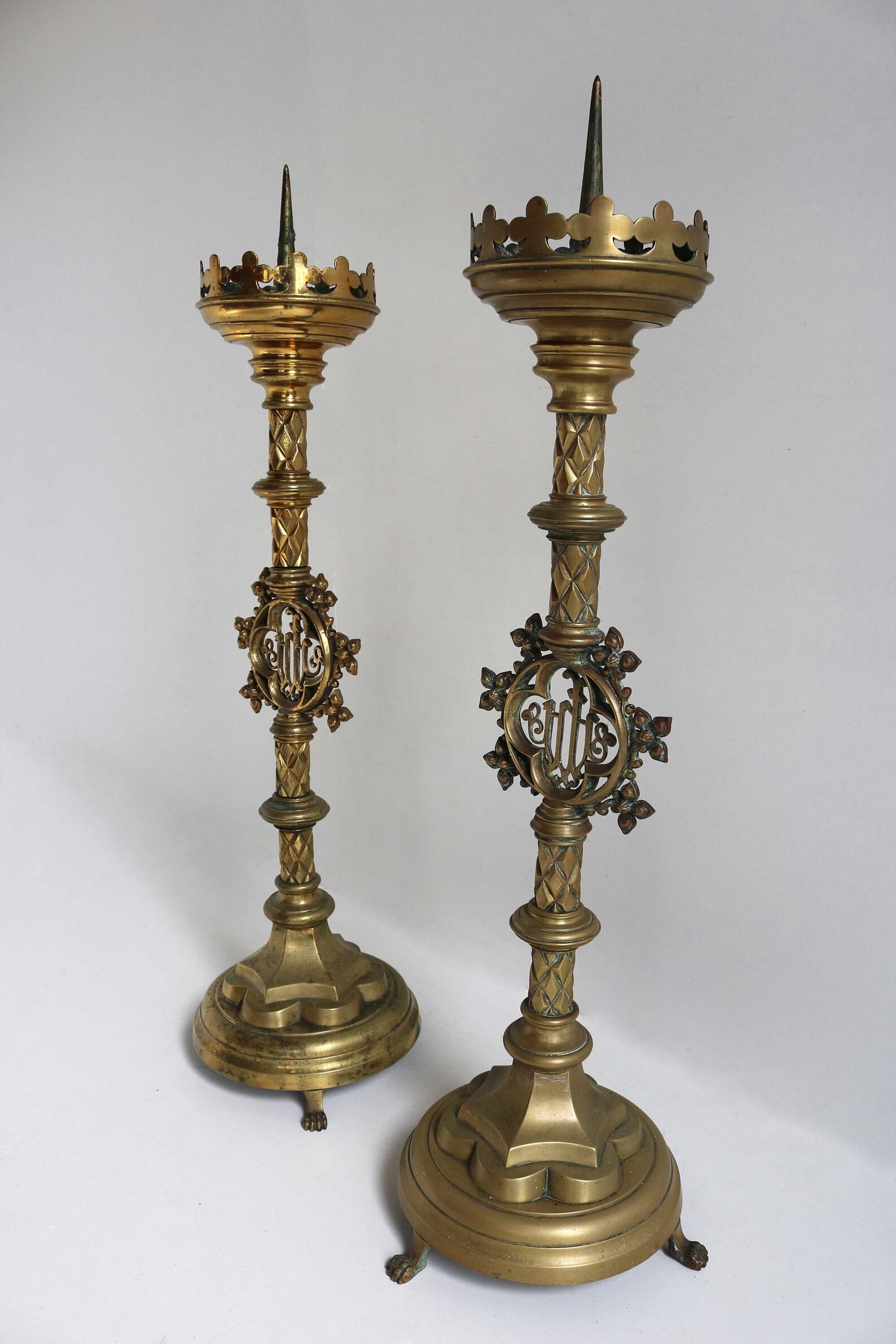 Pair of Antique Brass Candlesticks 1876 Church Altar Religious Candleholders 1