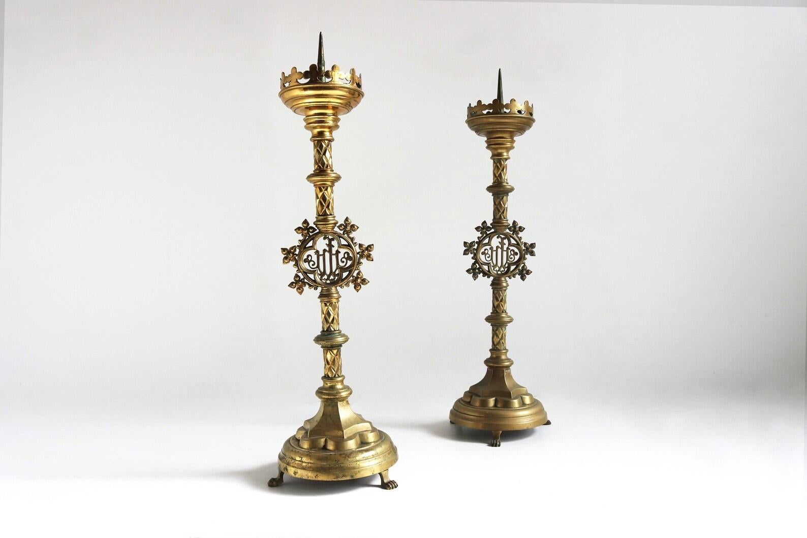 Pair of big gorgeous antique 19th century brass church candlesticks.
They come from the altar of a Belgian church in Brugges. 
They are marked / stamped Brugges 1876. 
Amazing fully original pieces , very large and impressive.
Nice antique eye