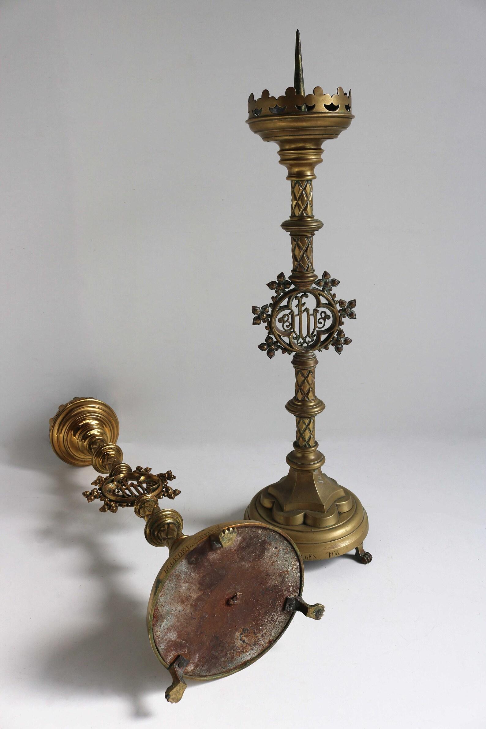Gothic Revival Pair of Antique Brass Candlesticks 1876 Church Altar Religious Candleholders