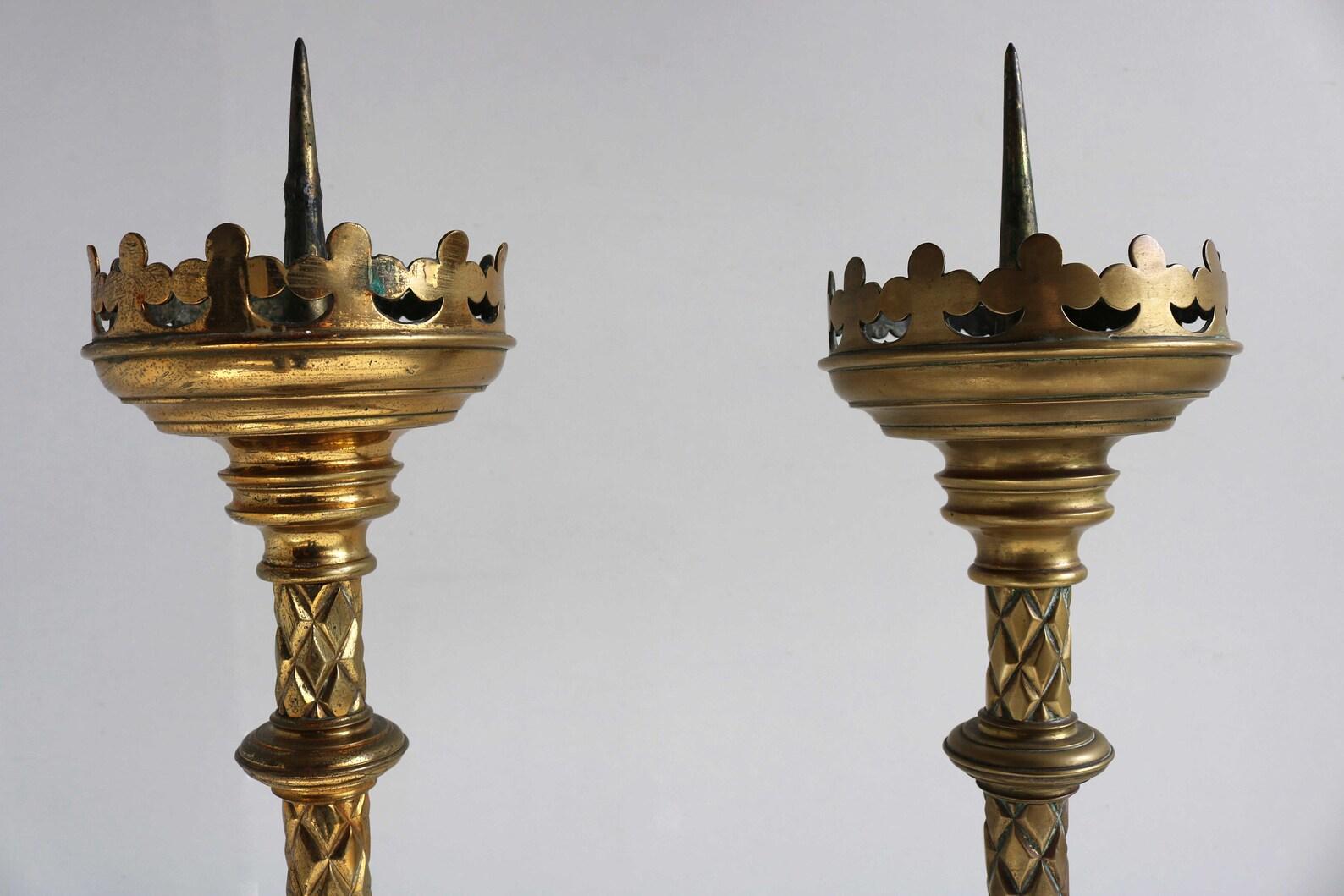 Belgian Pair of Antique Brass Candlesticks 1876 Church Altar Religious Candleholders