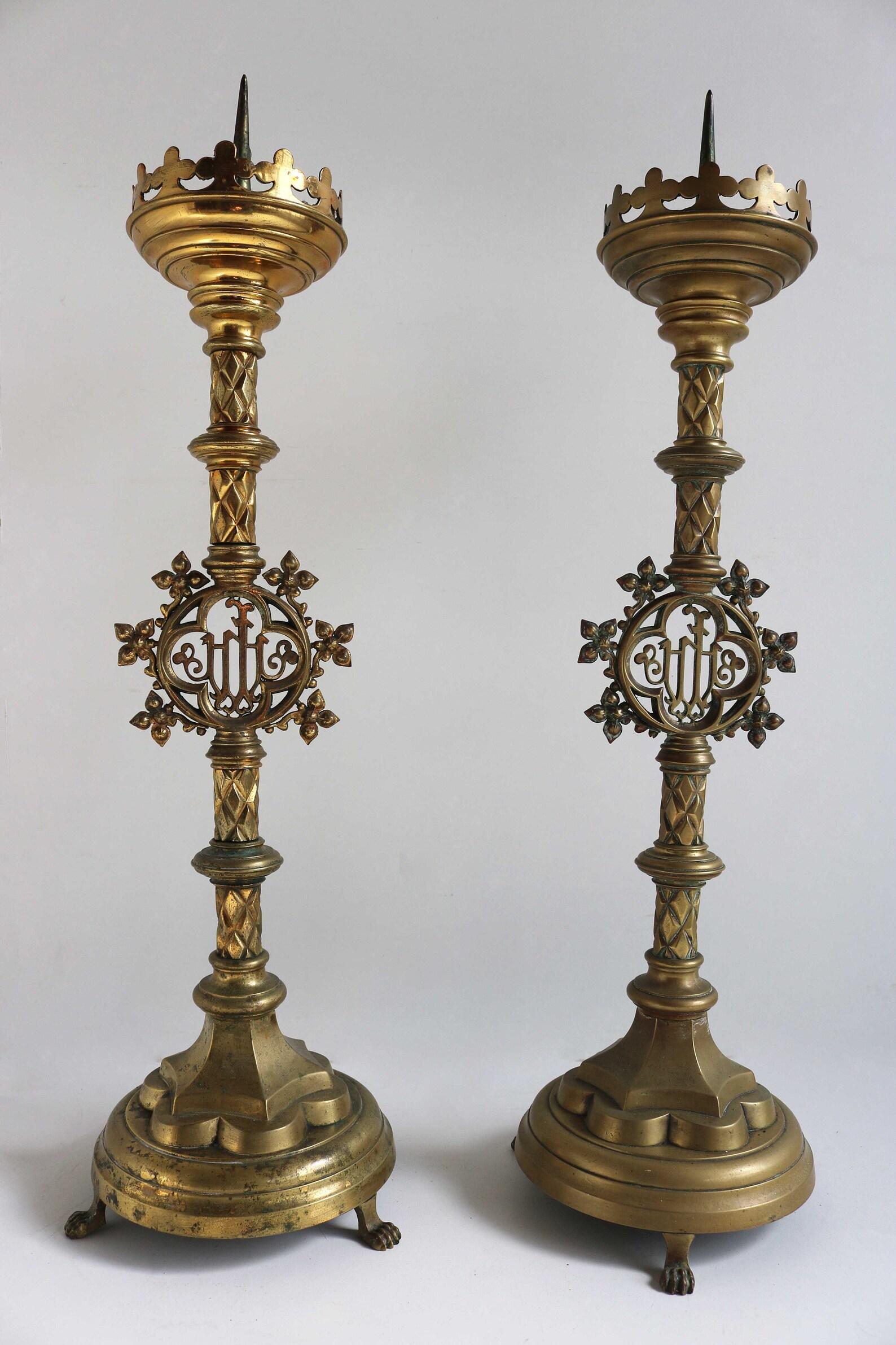 Pair of Antique Brass Candlesticks 1876 Church Altar Religious Candleholders In Good Condition In Ijzendijke, NL