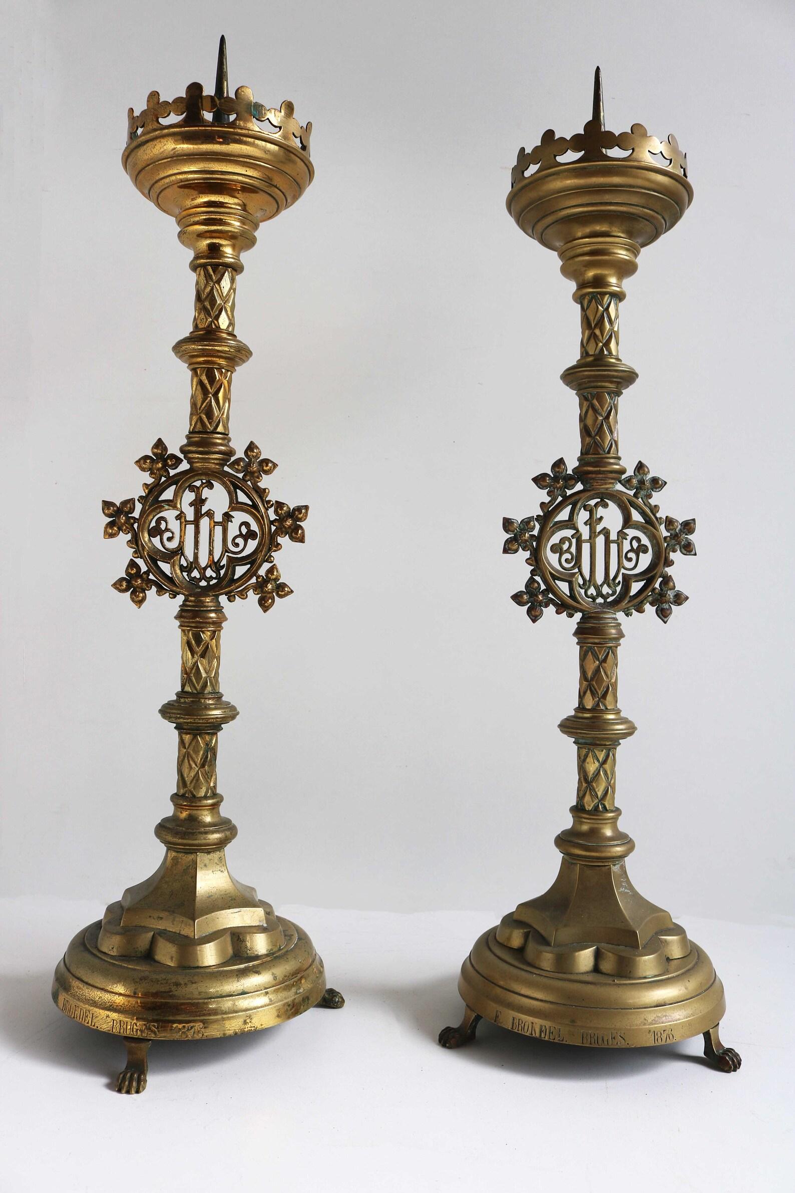 19th Century Pair of Antique Brass Candlesticks 1876 Church Altar Religious Candleholders
