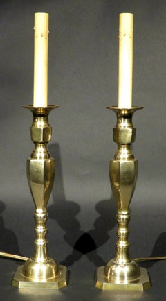 Pair of Antique Brass Candlesticks Converted to Table Lamps, England Circa 1910