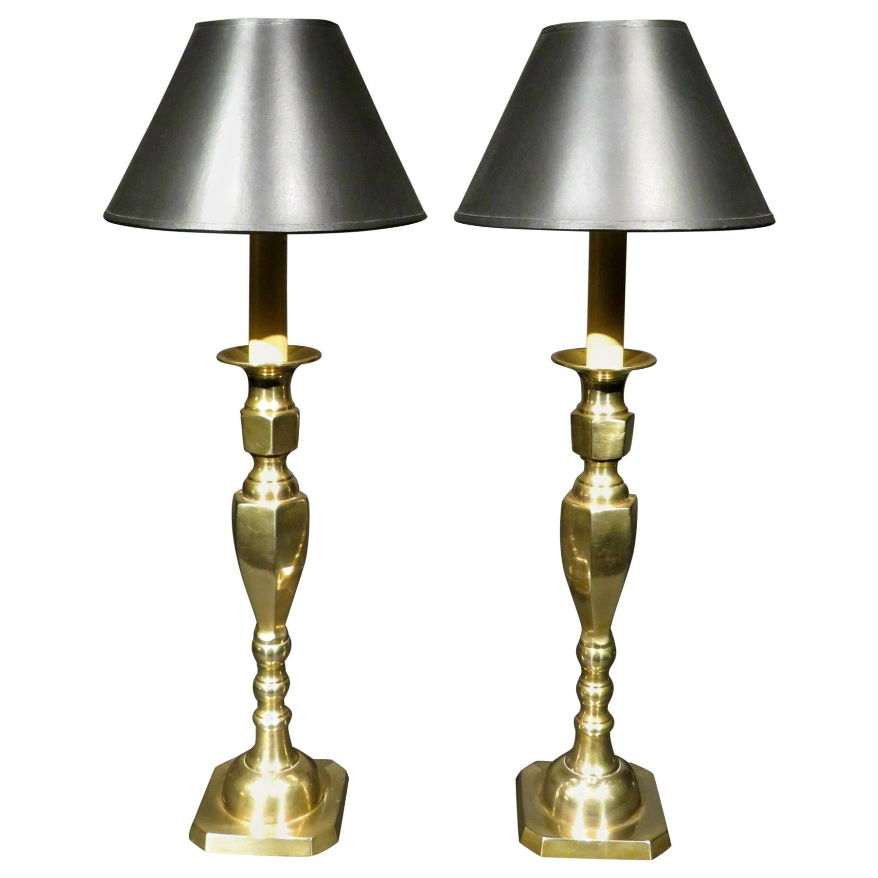 Pair of Antique Brass Candlesticks Converted to Table Lamps, England Circa 1910