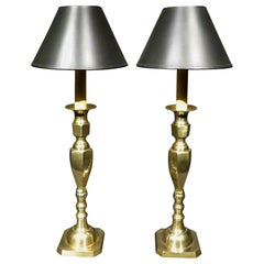 Pair of Antique Brass Candlesticks Converted to Table Lamps, England Circa 1910