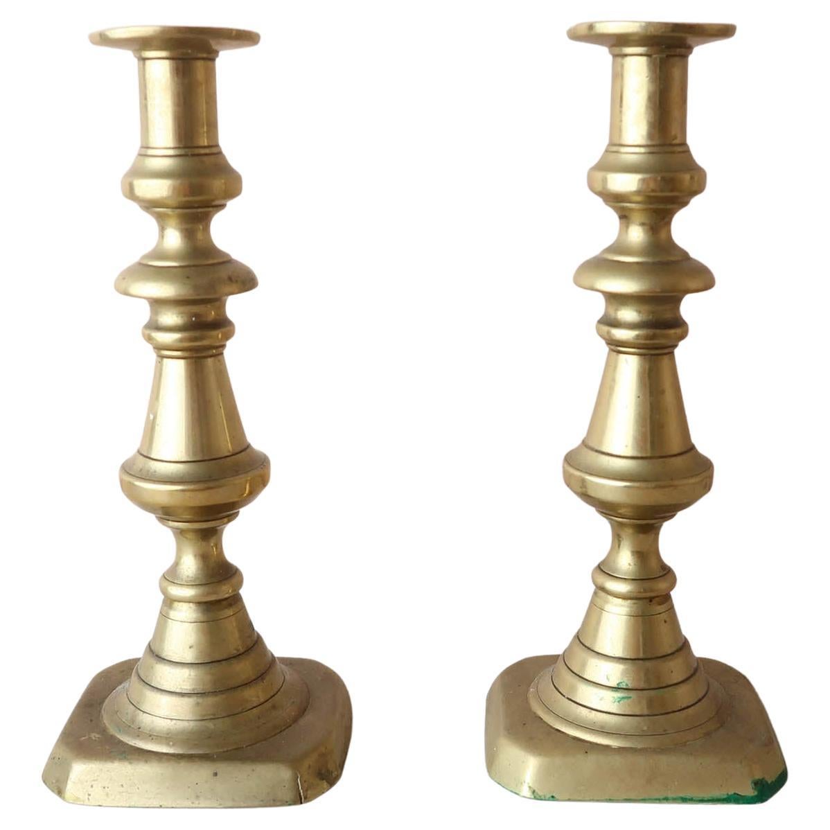 Antique 19th Century Pair of Extra Tall Brass Candlesticks For Sale at