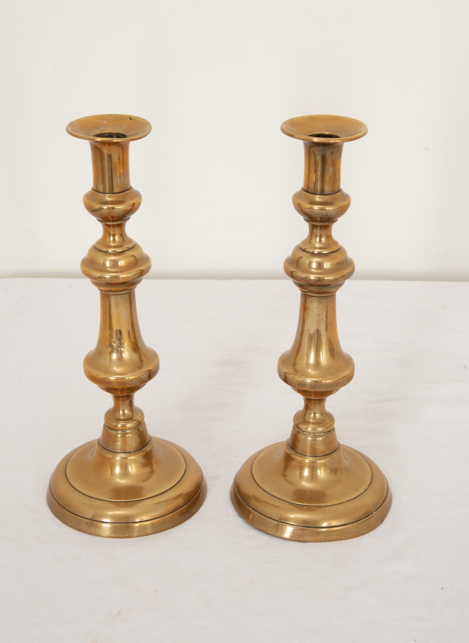 French Pair of Antique Brass Candlesticks For Sale
