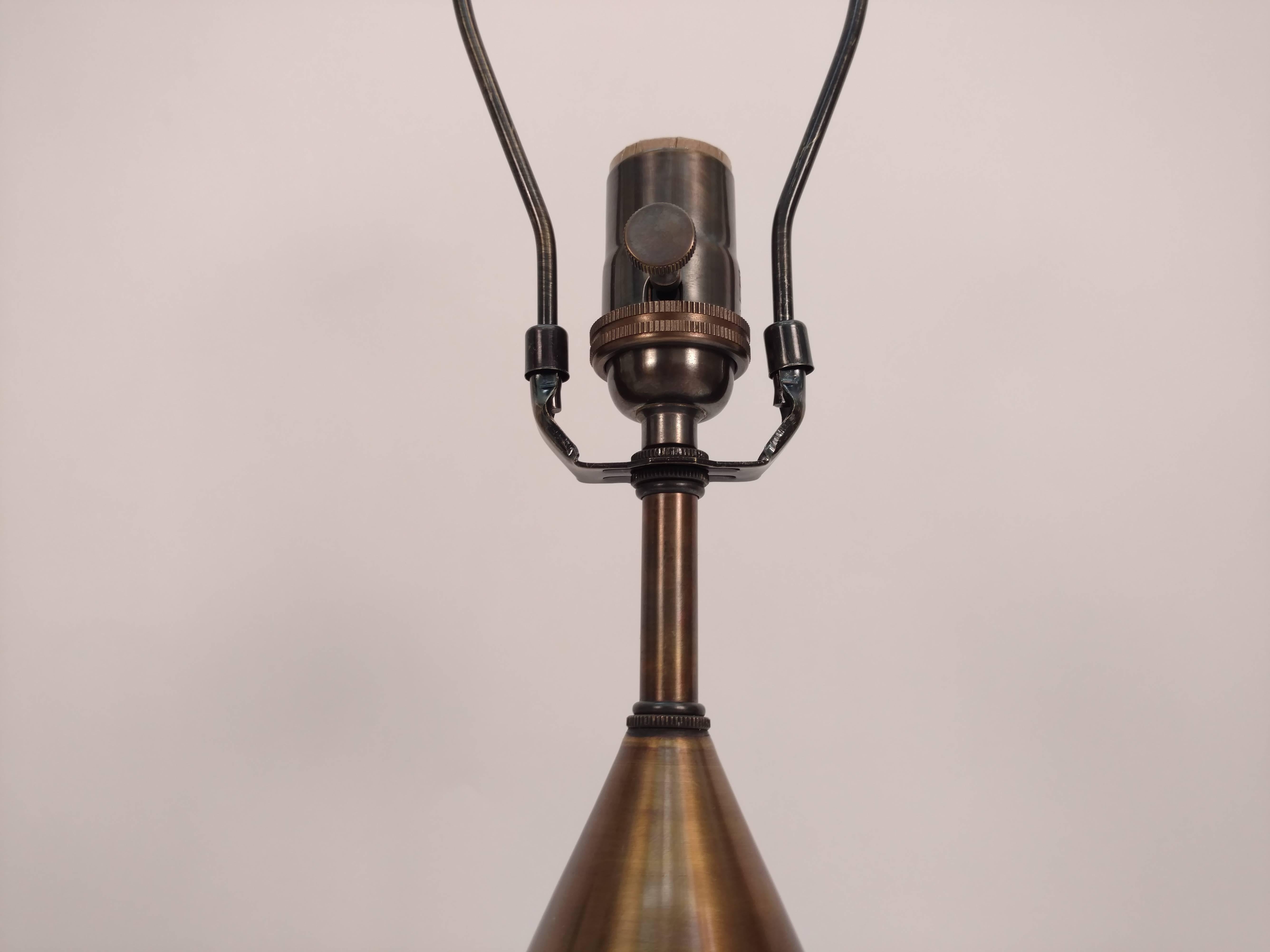 Pair of handmade conical table lamps with antique brass finish.
      