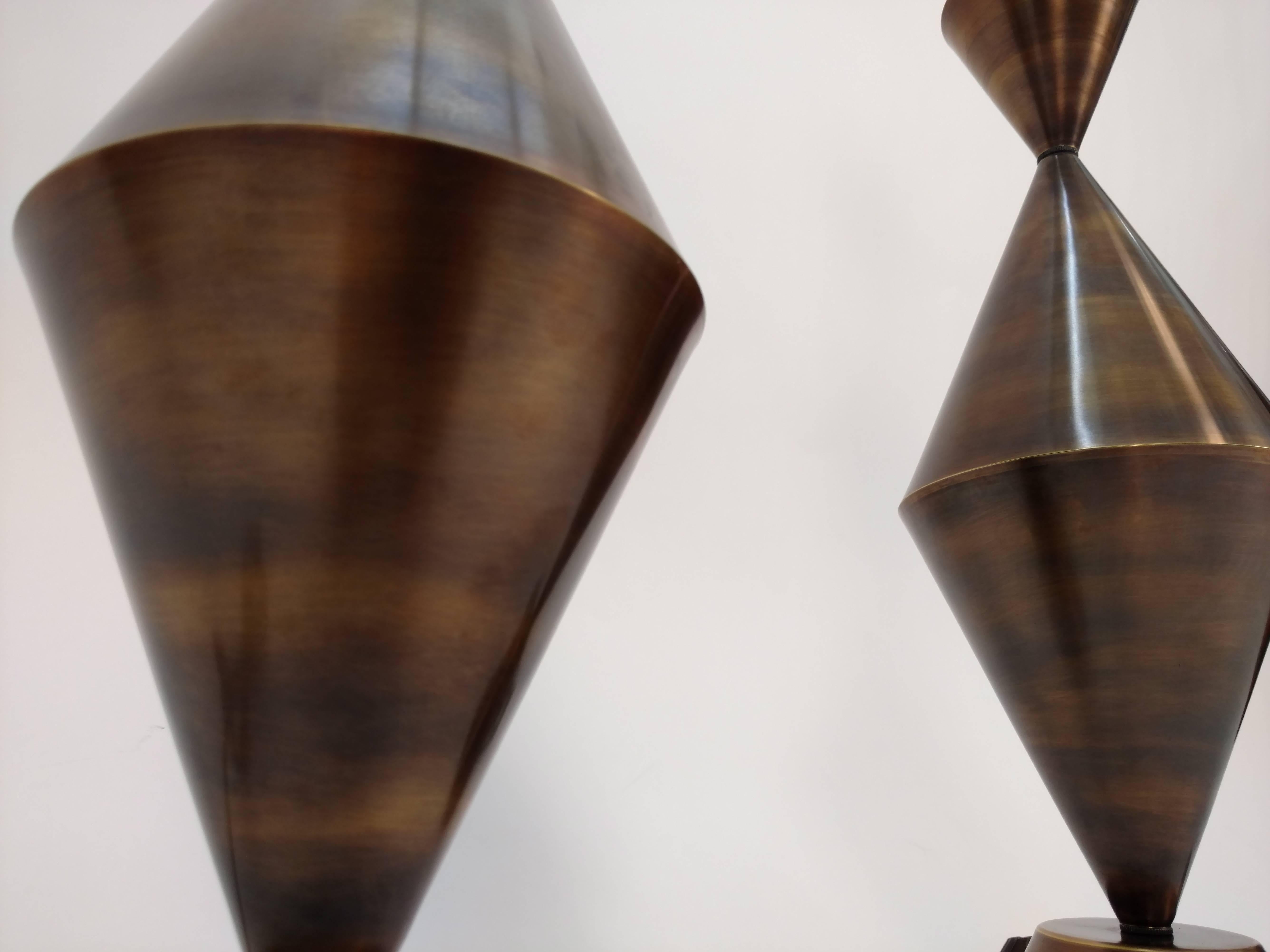 Contemporary Pair of Antique Brass Conical Table Lamps Handcrafted For Sale