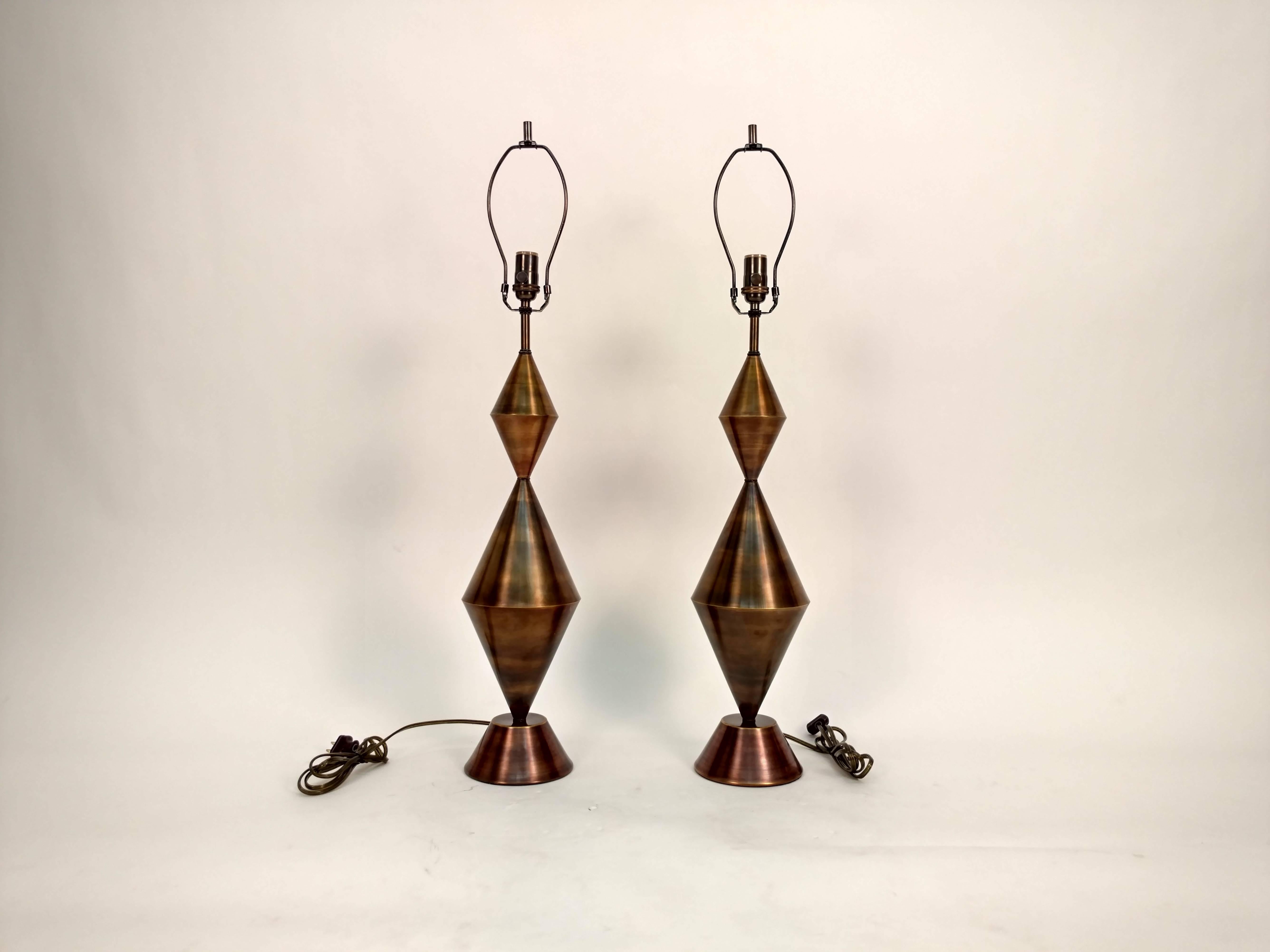 Pair of Antique Brass Conical Table Lamps Handcrafted For Sale 1