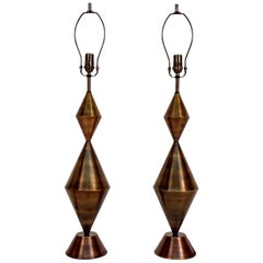 Pair of Antique Brass Conical Table Lamps Handcrafted