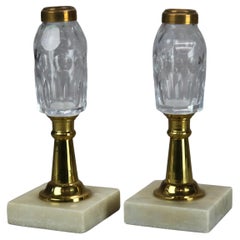 Pair of Antique Brass, Cut Glass & Marble Kerosene Lamps C1880