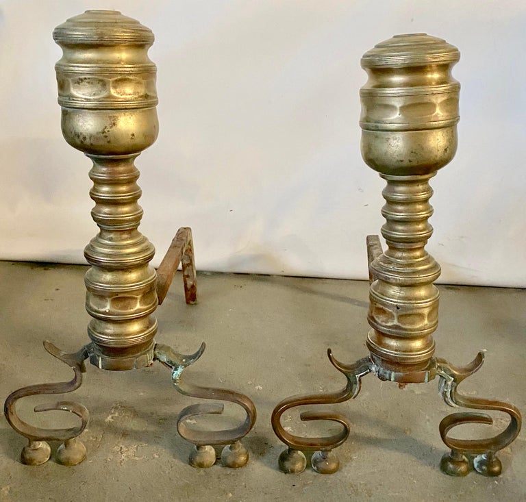 Classic pair of Empire style antique brass andirons with aged patina. Wonderfully handsome, will add style and character to any fireplace.
OAL 18L andirons.
