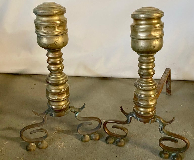 American Pair of Antique Brass Empire Style Andirons For Sale