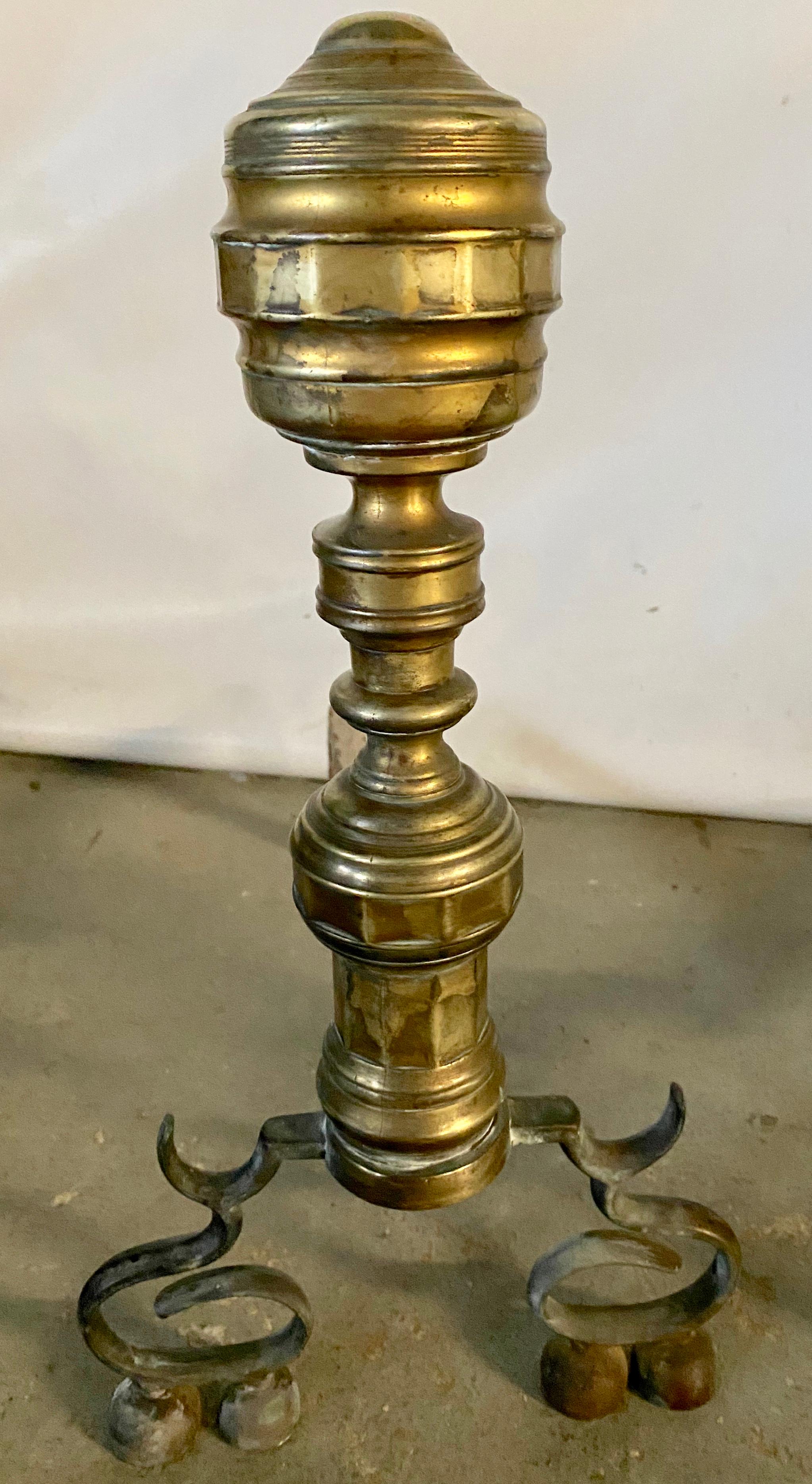 19th Century Pair of Antique Brass Empire Style Andirons For Sale