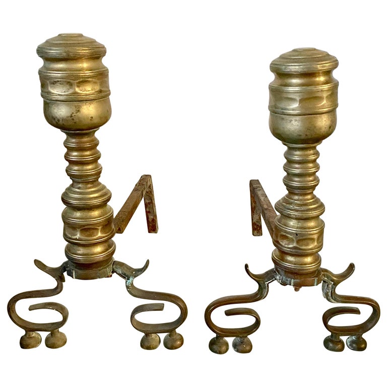 Pair of Antique Brass Empire Style Andirons For Sale