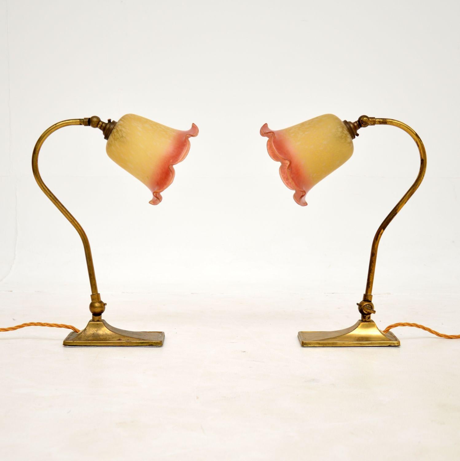 Victorian Pair of Antique Brass and Glass Table Lamps