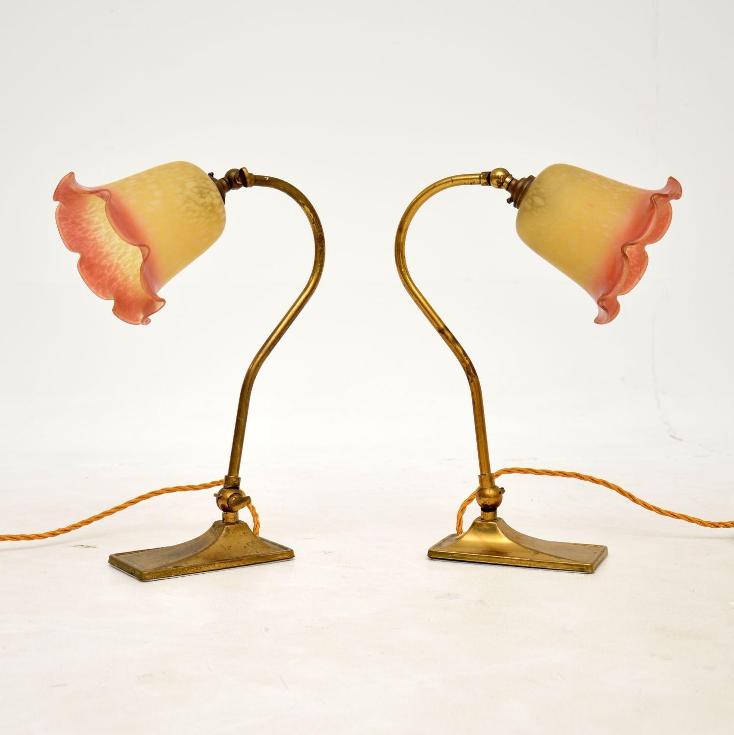 British Pair of Antique Brass and Glass Table Lamps