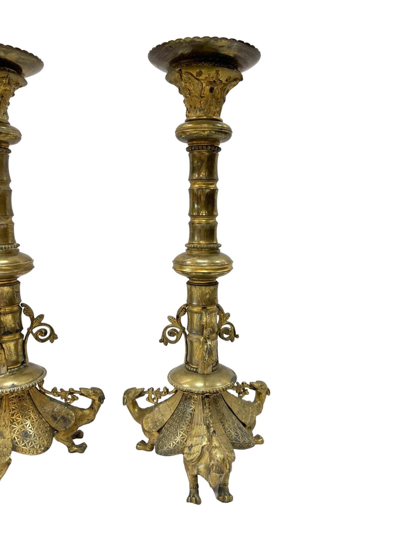 European Pair of Antique Brass Gothic Candle Holders