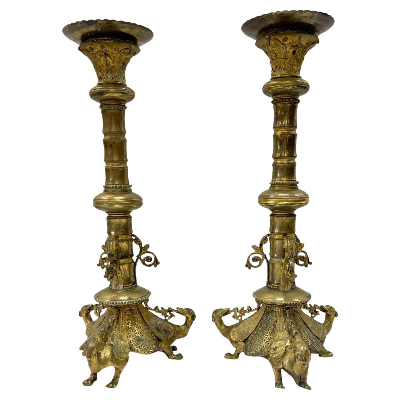 Pair of Antique Brass Gothic Candle Holders