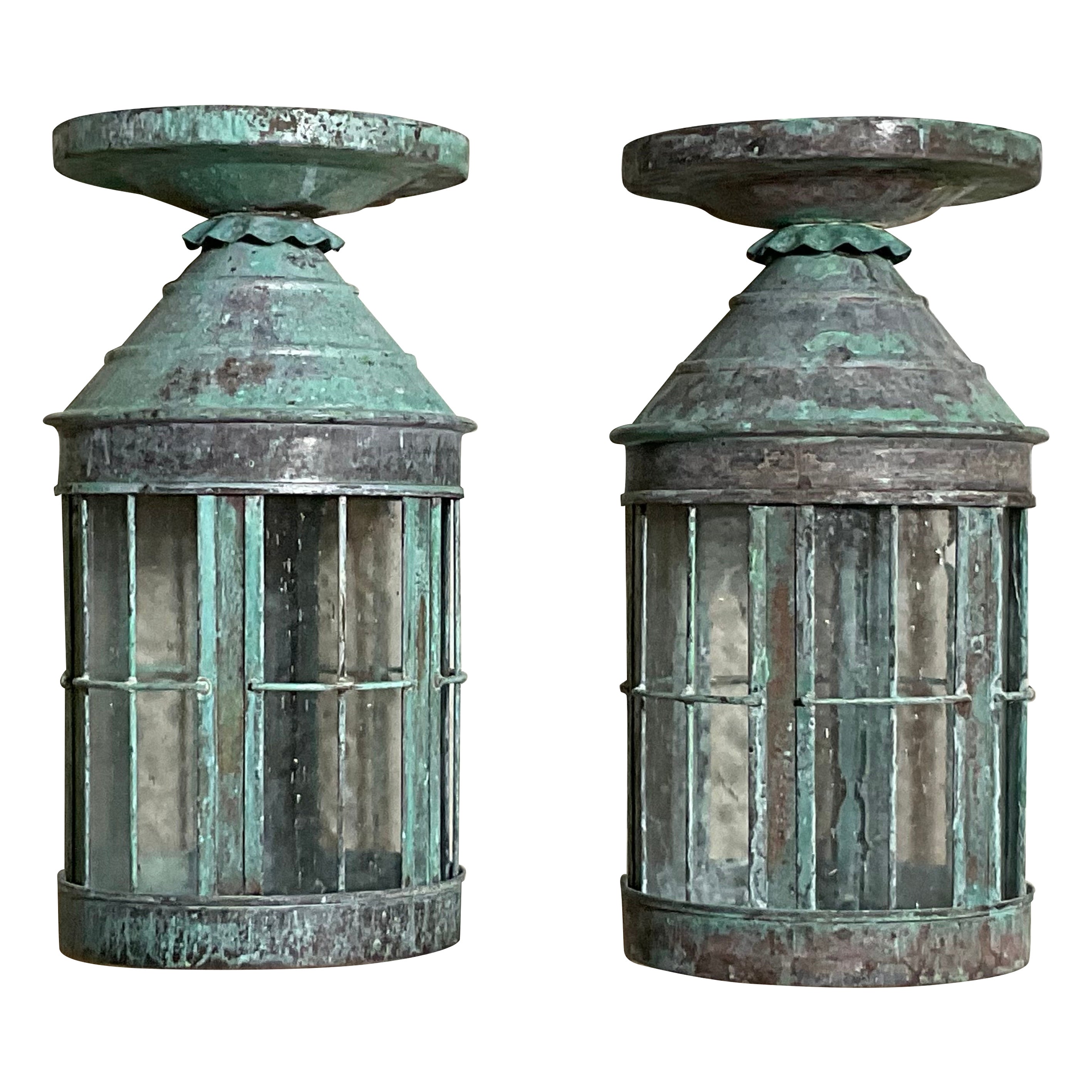 Pair of Antique Brass Lanterns  Rustic Outdoor Verdigris Copper lantern
