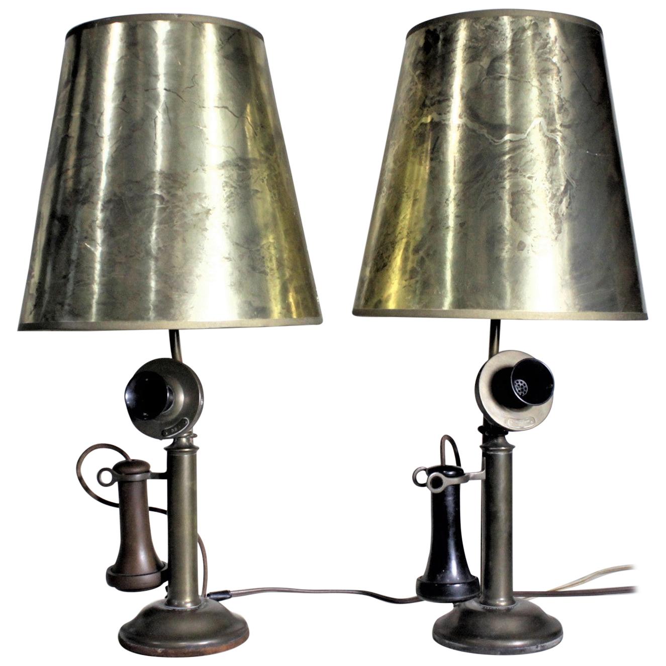 Pair of Antique Brass Northern Electric Candlestick Telephone Table Lamps