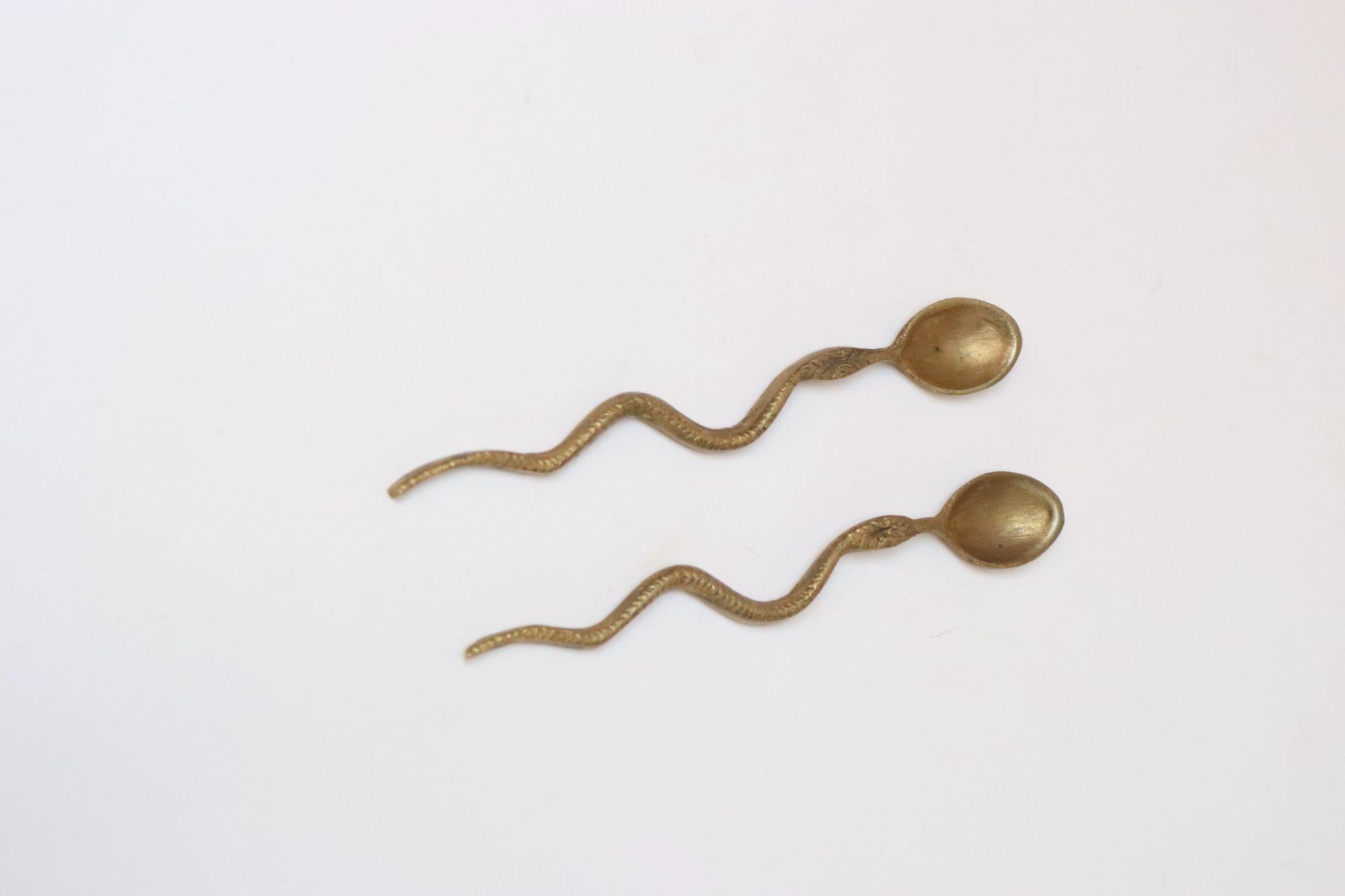 Americano Coppia di cucchiai Demitasse a forma di serpente in ottone antico in vendita