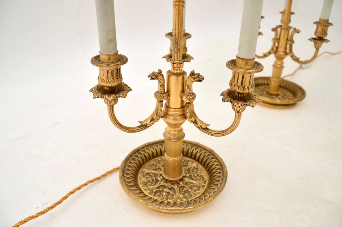 Pair of Antique Brass Table Lamps with Tole Shades For Sale 4